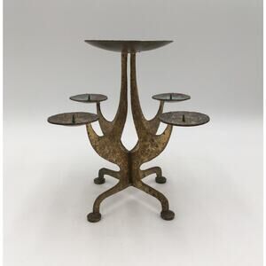 Vintage MCM Brutalist Gold Bronze 5 Branch Candle Holder 9"